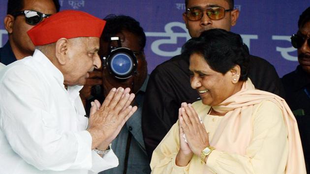 To counter the BJP’s sweep over the Hindi heartland and Uttar Pradesh in particular, expectations were high for a secular front by opposition parties. A ‘Mahagathbandhan’ came this way on April 19 in Mainpuri when long-time political foes, the Samajwadi Party (SP) patriarch Mulayam Singh Yadav and Bahujan Samaj Party BSP supremo Mayawati burried the hatchet. (HT Photo) To counter the BJP’s sweep over the Hindi heartland and Uttar Pradesh in particular, expectations were high for a secular front by opposition parties. A ‘Mahagathbandhan’ came this way on April 19 in Mainpuri when long-time political foes, the Samajwadi Party (SP) patriarch Mulayam Singh Yadav and Bahujan Samaj Party BSP supremo Mayawati burried the hatchet. (HT Photo)