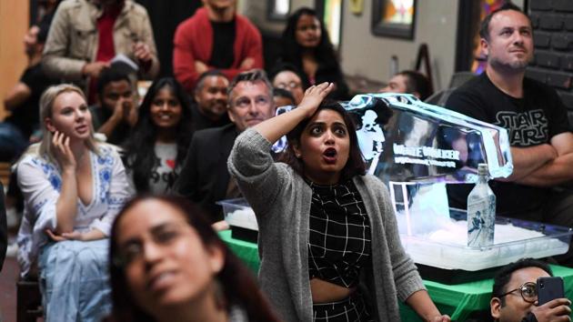 Fans react as they watch HBO’s ‘Game of Thrones’ series finale at a viewing party at Brennan’s bar in Marina del Rey, California. (Robyn Beck / AFP)