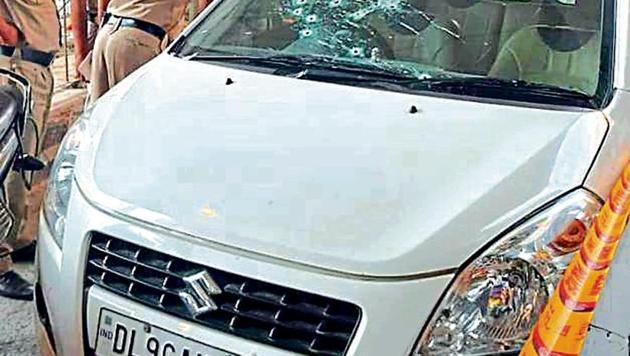 The car in which gangster Praveen Gehlot was shot by his rivals in Dwarka Mod on May 19. The car in which gangster Praveen Gehlot was shot by his rivals in Dwarka Mod on May 19.
