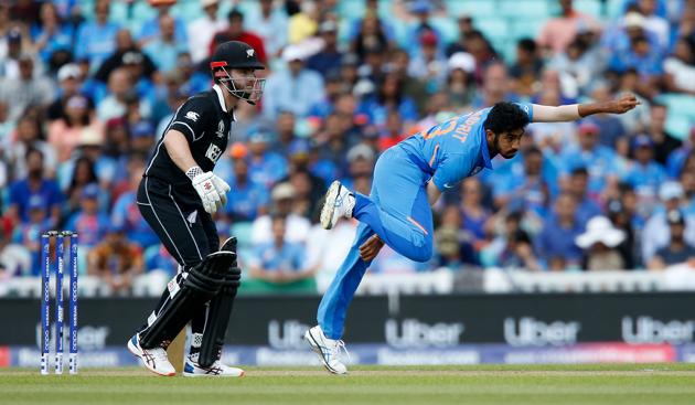 India's Jasprit Bumrah bowls during the 2019 Cricket World Cup warm up match between India and New Zealand at The Oval in London. (AFP)