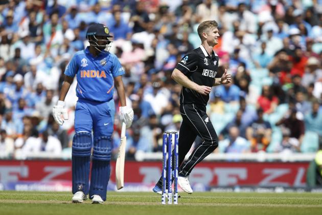 New Zealand's James Neesham (R) gestues during the 2019 Cricket World Cup warm up match between India and New Zealand at The Oval in London. (AFP)