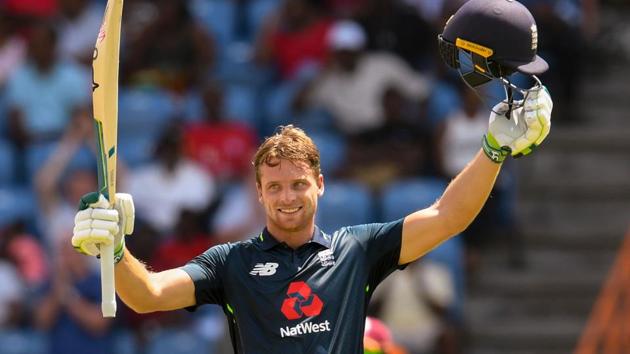 Jos Buttler of England celebrates his century during the 4th ODI between West Indies and England at Grenada National Cricket Stadium, Saint George's, Grenada, on February 27, 2019.(AFP)