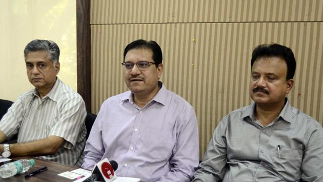 (From left) Santosh Sontakke, director MNGL; Supriyo Halder, managing director and manik kadam, general manager (operations) at a press conference on Friday.(Ravindra Joshi/HT PHOTO)