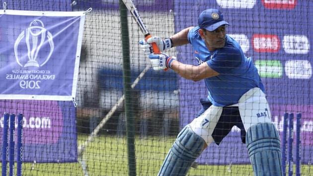 India's Mahendra Singh Dhoni bats in the nets during a training session at The Oval in London, Thursday, May 23, 2019. The Cricket World Cup starts on Thursday May 30.(AP)