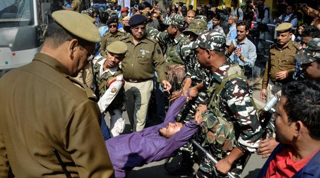 Police personnel detain members of Left Democratic Front (LDF) during a protest against Citizenship (Amendment) Bill, in Guwahati in February.(PTI FILE PHOTO) Police personnel detain members of Left Democratic Front (LDF) during a protest against Citizenship (Amendment) Bill, in Guwahati in February.(PTI FILE PHOTO)