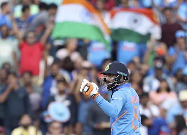 London: India's Ravindra Jadeja celebrates scoring fifty runs during the Cricket World Cup warm up match between India and New Zealand at The Oval in London. (AP)