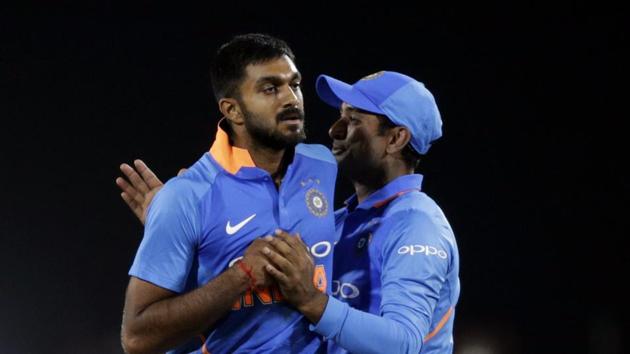 India's Vijay Shankar, left and Ambati Rayudu celebrate after winning the second one-day international cricket match against Australia in Nagpur, India, Tuesday, March 5, 2019.(AP) India's Vijay Shankar, left and Ambati Rayudu celebrate after winning the second one-day international cricket match against Australia in Nagpur, India, Tuesday, March 5, 2019.(AP)