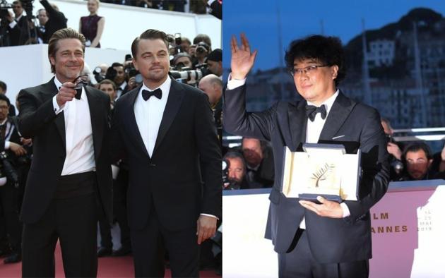 Brad Pitt and Leonardo DiCaprio at the premiere of the film Once Upon a Time in Hollywood at Cannes (left) and South Korean director Bong Joon-Ho poses with his trophy after he won the Palme d’Or for the film Parasite (Gisaengchung).(AP/AFP)