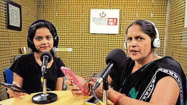 Preeti Jhakra and Sharmila Sharma hosting an episode of Chahat Chowk, a programme the Gurgaon Ki Awaaz radio station started in 2013 in collaboration with the UNESCO Chair on Community Media in Gurugram.(Parveen Kumar/HT Photos)