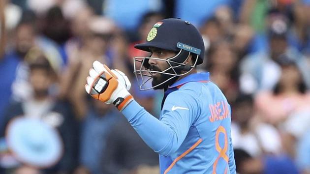 India's Ravindra Jadeja celebrates scoring fifty runs during the Cricket World Cup warm up match between India and New Zealand at The Oval in London, Saturday, May 25, 2019.(AP)