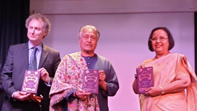 British conductor David Murphy, Amjad Ali Khan, India’s high commissioner Ruchi Ghanshyam at the sarod maestro’s book launch in the Nehru Centre in London on Saturday.