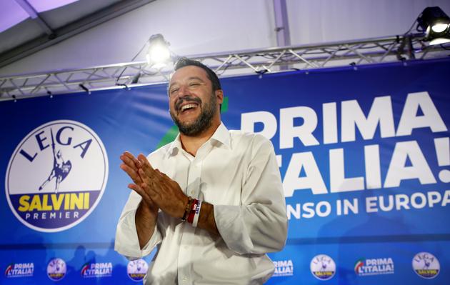 Deputy Prime Minister and League party leader Matteo Salvini reacts after a news conference at the League party headquarters, following the results of the European Parliament elections(REUTERS)