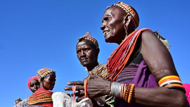 Samburu tribeswomen arrive to Merille livestock market. Lekorima, a 22-year-old herder, said advance knowledge of rainfall helped keep his people wandering far, and avoid potential tensions with distant clans. Other modern interventions are also playing a part, helping protect not just pastoralists but a sector that contributes more than 12% to Kenya’s GDP, according to the World Bank. (Tony Karumba / AFP) Samburu tribeswomen arrive to Merille livestock market. Lekorima, a 22-year-old herder, said advance knowledge of rainfall helped keep his people wandering far, and avoid potential tensions with distant clans. Other modern interventions are also playing a part, helping protect not just pastoralists but a sector that contributes more than 12% to Kenya’s GDP, according to the World Bank. (Tony Karumba / AFP)