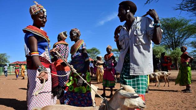 A man haggles for a goat at Merille livestock market. Rainfall -- the difference between feast and famine in East Africa and the Horn -- is more erratic than ever. A long dry spell can set pastoral families back years and erode their capacity to handle future shocks, the UN’s Food and Agriculture Organization said in a 2018 report. This year’s rains failed to arrive, putting millions at risk of starvation. (Tony Karumba / AFP) A man haggles for a goat at Merille livestock market. Rainfall -- the difference between feast and famine in East Africa and the Horn -- is more erratic than ever. A long dry spell can set pastoral families back years and erode their capacity to handle future shocks, the UN’s Food and Agriculture Organization said in a 2018 report. This year’s rains failed to arrive, putting millions at risk of starvation. (Tony Karumba / AFP)