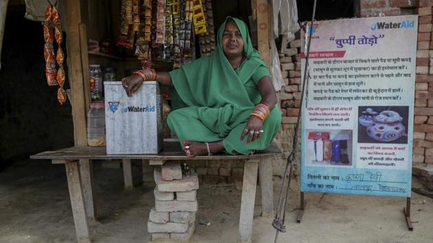 Similarly, Mohanlalganj block in Lucknow showcases another example of breaking the silence around menstruation. In a bright green sari, Krishna Devi sits in her small wooden kiosk outside her house in Lalpur village. Jars of rusks and candies are neatly placed in clear view. Devi is a ‘Titli’ (butterfly), a designated distributor of information as well as sanitary pads to the women of her community. (WaterAid / Dhiraj Singh)