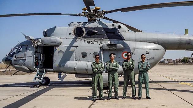The India Air Force (IAF) all-woman crew flies Mi-17 chopper for first time. The pilots had undergone basic flight training at the Helicopter Training School at Air Force Station, Hakimpet followed by advanced training at Air Force Station, Yelahanka. (PTI) The India Air Force (IAF) all-woman crew flies Mi-17 chopper for first time. The pilots had undergone basic flight training at the Helicopter Training School at Air Force Station, Hakimpet followed by advanced training at Air Force Station, Yelahanka. (PTI)