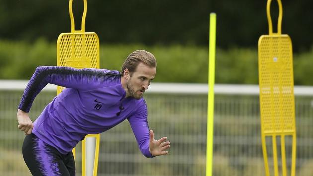 Tottenham's Harry Kane runs during the Tottenham Hotspur soccer team media open day training session, in London, Monday, May 27, 2019, ahead of their Champions League Final against Liverpool on Saturday in Madrid(AP)