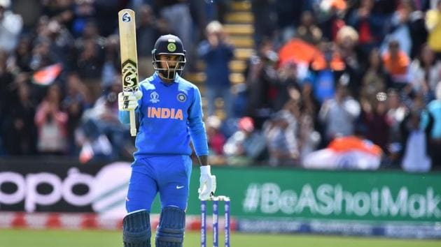 India's K.L. Rahul celebrates reaching his century during the 2019 Cricket World Cup warm up match between Bangladesh v India at Sophia Gardens stadium in Cardiff, south Wales, on May 28, 2019. (Photo by Glyn KIRK / AFP)(AFP)