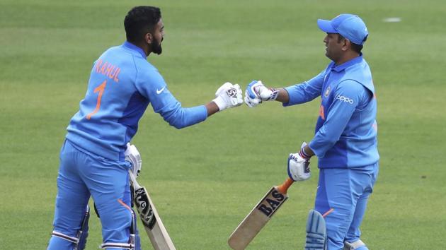 India's KL Rahul, left, and MS Dhoni cheer each other during the ICC World Cup warm up match against Bangladesh. (AP) India's KL Rahul, left, and MS Dhoni cheer each other during the ICC World Cup warm up match against Bangladesh. (AP)
