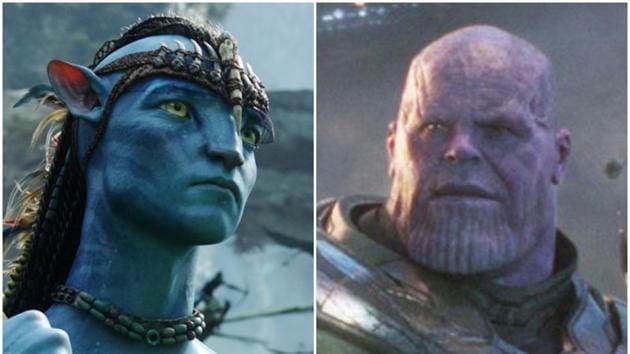 Sam Worthington and Josh Brolin as Jake Sully and Thanos in stills from Avatar and Avengers: Endgame.