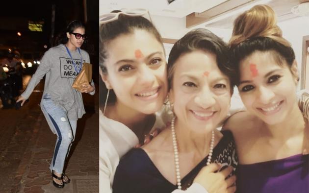 Kajol at Lilavati hospital (left) with her mother Tanuja and sister Tanishaa Mukerji.(Varinder Chawla)