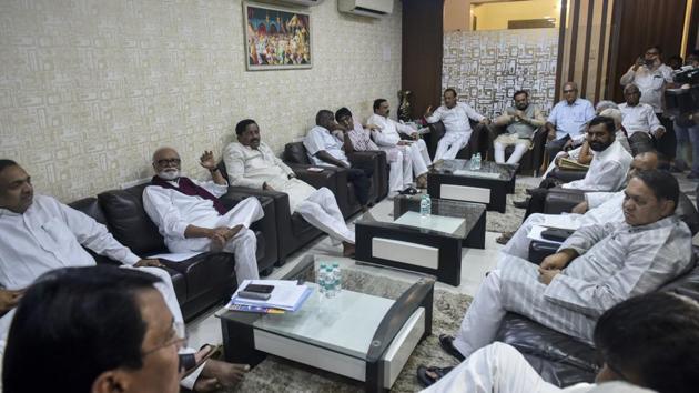 Opposition leaders from the Congress, NCP and smaller allies met at the residence of NCP leader Dhananjay Munde in Mumbai on Tuesday.(Kunal Patil/HT Photo) Opposition leaders from the Congress, NCP and smaller allies met at the residence of NCP leader Dhananjay Munde in Mumbai on Tuesday.(Kunal Patil/HT Photo)