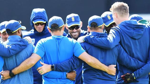 South Africa's cricketers huddle during a training session ahead of their opening match.(AFP)