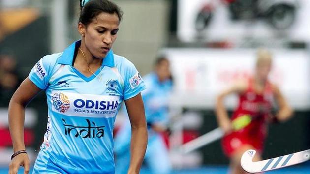 London: Indian women's hockey captain Rani Rampal in action during a match against England at Vitality Hockey Women's Hockey World Cup 2018, in London on July 21, 2018.(PTI)