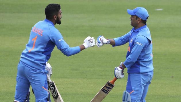 India's K.L. Rahul, left, and MS Dhoni cheer each other during the Cricket World Cup warm up match between Bangladesh and India at Sophia Gardens in Cardiff, England, Tuesday, May 28, 2019. (AP Photo/Aijaz Rahi) (AP) India's K.L. Rahul, left, and MS Dhoni cheer each other during the Cricket World Cup warm up match between Bangladesh and India at Sophia Gardens in Cardiff, England, Tuesday, May 28, 2019. (AP Photo/Aijaz Rahi) (AP)