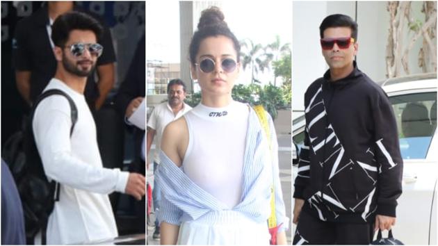PM Narendra Modi’s swearing in ceremony: Shahid Kapoor, Kangana Ranaut and Karan Johar spotted while leaving for Delhi.(Varinder Chawla) PM Narendra Modi’s swearing in ceremony: Shahid Kapoor, Kangana Ranaut and Karan Johar spotted while leaving for Delhi.(Varinder Chawla)