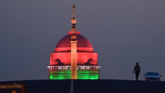 A view of Illuminated Rashtrapati Bhawan a day before swearing-in-ceremony of Prime Minister Narendra Modi as a part ofits preparations in New Delhi, India, on Wednesday, May 29, 2019.((Photo by Raj K Raj/ Hindustan Times))