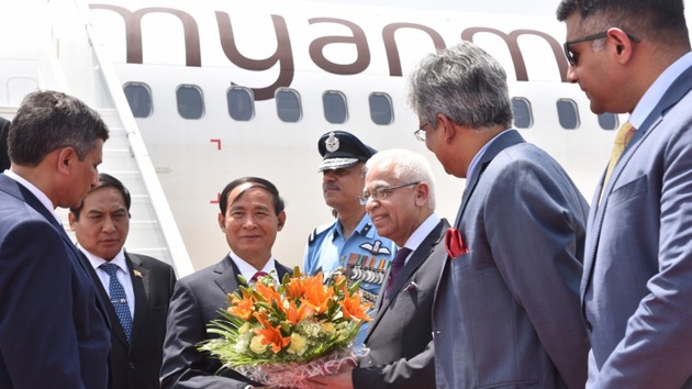 Myanmar President U Win Myint on Thursday arrived in Delhi to take part in Prime Minister Narendra Modi’s oath ceremony at Rashtrapati Bhawan.(Twitter/ Raveesh Kumar)