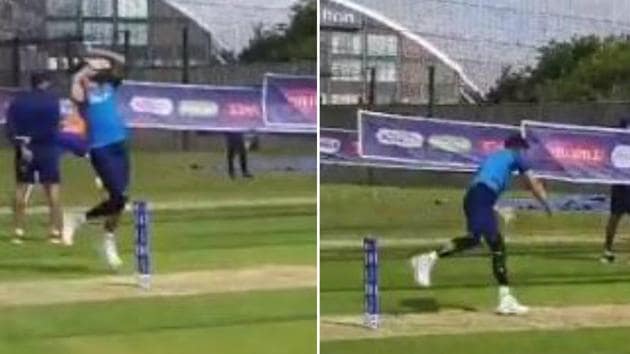 India captain Virat Kohli bowls during India’s practice session ahead of their World Cup opener against South Africa(Screen Grab)