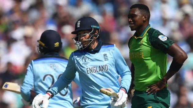 South Africa's Kagiso Rabada (R) looks on as England's Joe Root (C) and England's Jason Roy (L) run between the wickets. (AFP) South Africa's Kagiso Rabada (R) looks on as England's Joe Root (C) and England's Jason Roy (L) run between the wickets. (AFP)