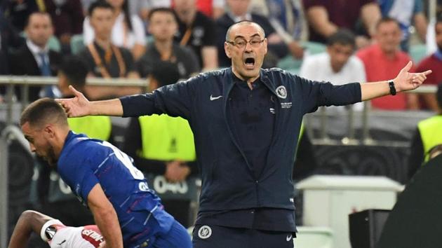Chelsea's Italian head coach Maurizio Sarri (R) reacts during the UEFA Europa League final football match between Chelsea FC and Arsenal FC at the Baku Olympic Stadium in Baku, Azerbaijian, on May 29, 2019.(AFP) Chelsea's Italian head coach Maurizio Sarri (R) reacts during the UEFA Europa League final football match between Chelsea FC and Arsenal FC at the Baku Olympic Stadium in Baku, Azerbaijian, on May 29, 2019.(AFP)