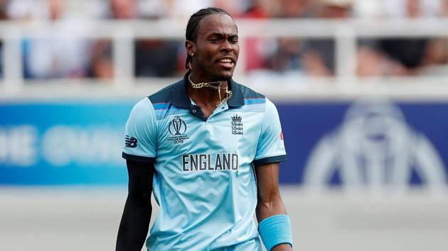 England's Jofra Archer celebrates after taking the wicket of South Africa's Aiden Markram.(Action Images via Reuters)