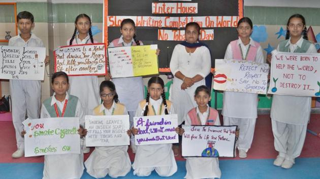 Ludhiana, India – May 31, 2018: Students of Green Land School celebrating World No Tobacco Day in Ludhiana on Thursday, May 31, 2018. (HT Photo) (HT File / Representative Photo) Ludhiana, India – May 31, 2018: Students of Green Land School celebrating World No Tobacco Day in Ludhiana on Thursday, May 31, 2018. (HT Photo) (HT File / Representative Photo)