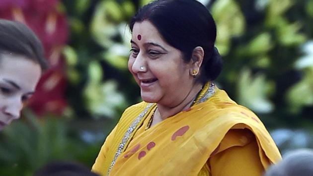 Senior BJP leader Sushma Swaraj sat in the audience for PM Modi’s swearing-in ceremony at Rashtrapati Bhavan. Later, she changed(Ajay Aggarwal/HT PHOTO)