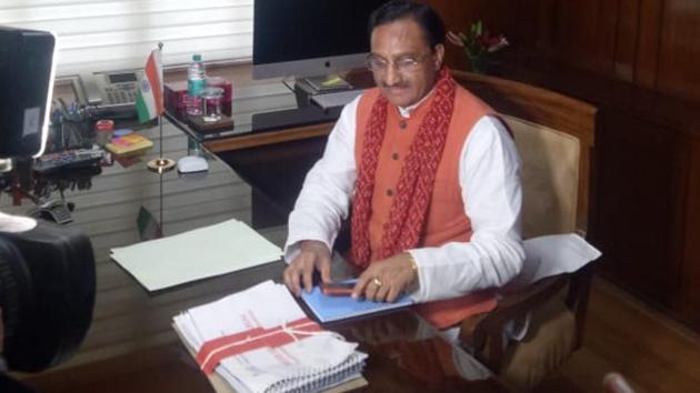 Former Uttarakhand CM and Haridwar MP Ramesh Pokhriyal Nishank took charge as the HRD minister on Friday, May 31, 2019, soon after the announcement of portfolios.(HT Photo)