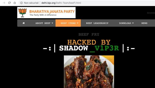The official website of the Delhi unit of Bharatiya Janata Party (BJP) was allegedly defaced Thursday evening with hackers posting images and recipes of beef dishes on it.