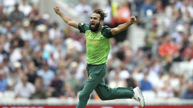 South Africa's Imran Tahir celebrates taking the wicket of England's Eoin Morgan during their Cricket World Cup match at the Oval in London, Thursday, May 30, 2019.(AP)