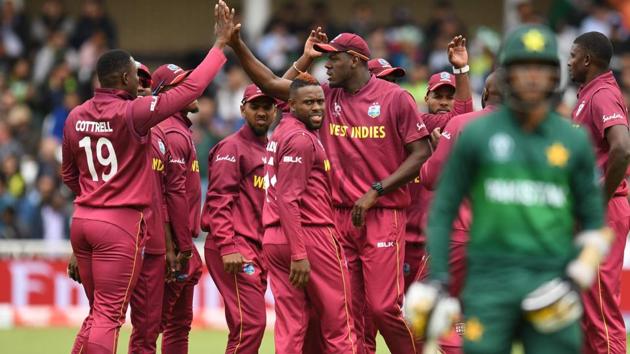 West Indies players celebrate the wicket of Pakistan's Hasan Ali. (AFP)