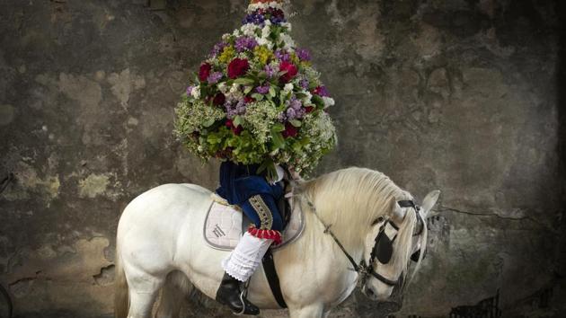 ‘The King’, Johnathon Haddock poses for a portrait with the Garland before the procession during ‘Castleton Garland Day’, believed to be an ancient fertility rite with Celtic connections, in Castleton, England. (Dan Kitwood / Getty Images)