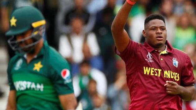 West Indies' Oshane Thomas celebrates taking the wicket of Pakistan's Wahab Riaz.(Action Images via Reuters)