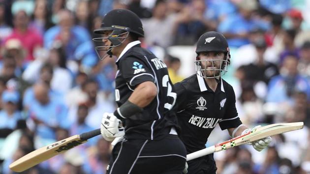 New Zealand's Kane Williamson, right, and Ross Taylor run between the wickets to score during the Cricket World Cup warm up match between India and New Zealand at The Oval in London, Saturday, May 25, 2019. (AP Photo/Aijaz Rahi) (AP)