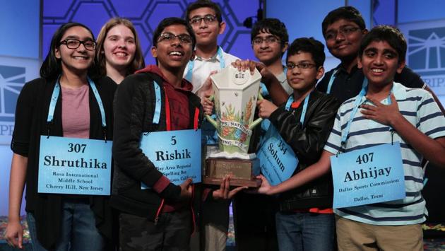 Six Indian-origin students are among the eight participants who won the prestigious Scripps National Spelling Bee, taking home more than USD 50,000 in cash and prizes, after defeating over 550 other contestants in an unprecedented competition in the US. It is the first time in the 94-year history of the competition that more than two co-champions have been named. (Alex Wong / GEtty Images / AFP) Six Indian-origin students are among the eight participants who won the prestigious Scripps National Spelling Bee, taking home more than USD 50,000 in cash and prizes, after defeating over 550 other contestants in an unprecedented competition in the US. It is the first time in the 94-year history of the competition that more than two co-champions have been named. (Alex Wong / GEtty Images / AFP)