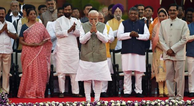 Prime Minister Narendra Modi seen before taking oath during the swearing-in ceremony at the forecourt of Rashtrapati Bhawan, in New Delhi, India, on Thursday, May 30, 2019.(Ajay Aggarwal/HT PHOTO)