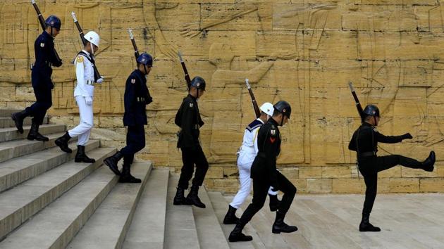 Turkish honour guards march during a changing of the guard ceremony at Anitkabir, the mausoleum of modern Turkey’s founder Mustafa Kemal Ataturk, in Ankara, Turkey. (Umit Bektas / REUTERS)