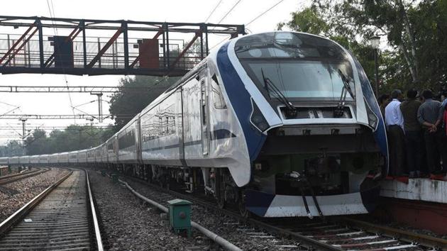 Built at a cost of ₹100 crore under the Make in India initiative, Train 18 has a maximum speed of 180kmph and is operated at 130kmph.(HT File)