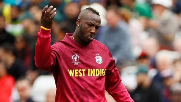 ICC Cricket World Cup - West Indies v Pakistan - Trent Bridge, Nottingham, Britain - May 31, 2019 West Indies' Andre Russell signals for treatment(Action Images via Reuters)